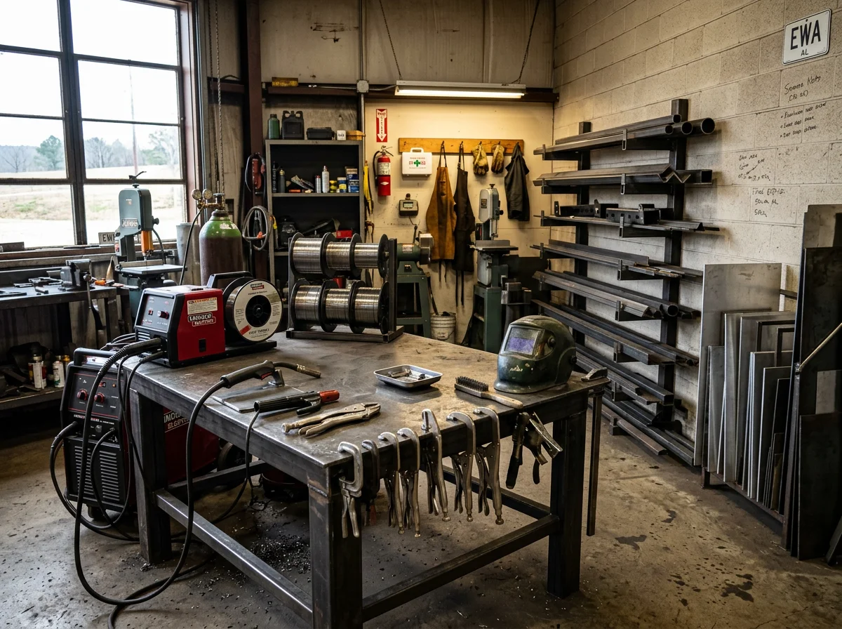 Professional welding shop setup with equipment and metal fabrication tools ready for service.