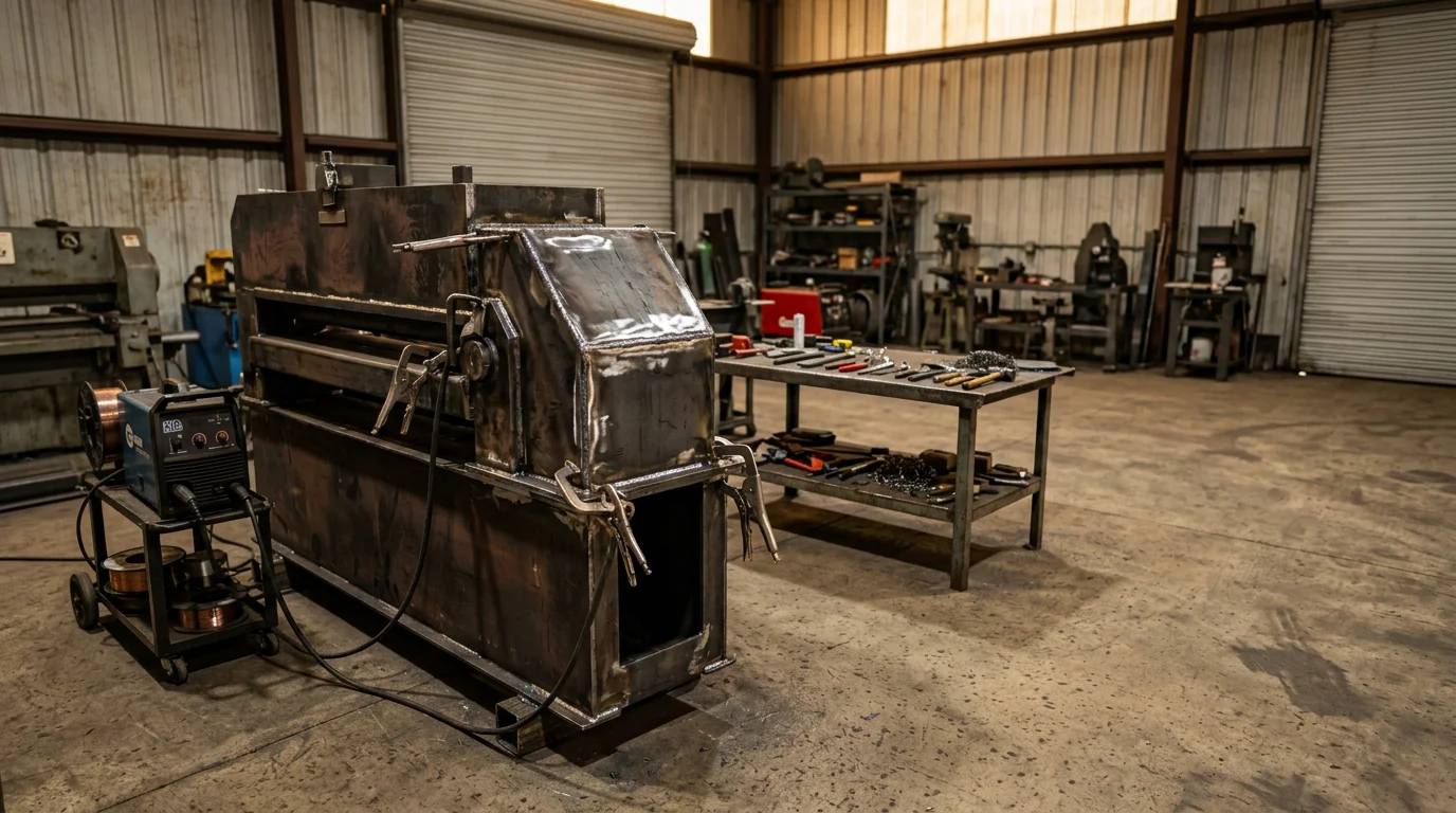 Welding technician performing machine repair on industrial equipment