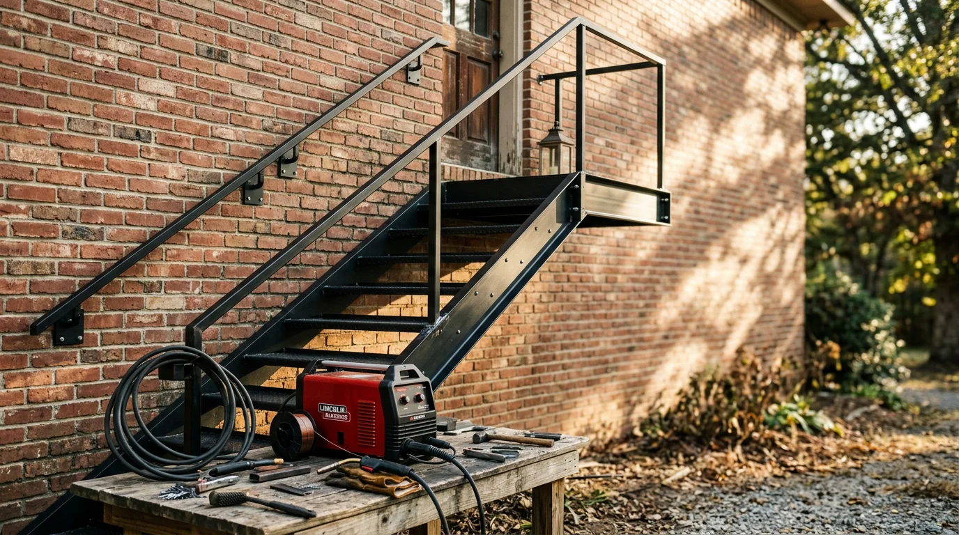 Custom welded metal staircase with handrails