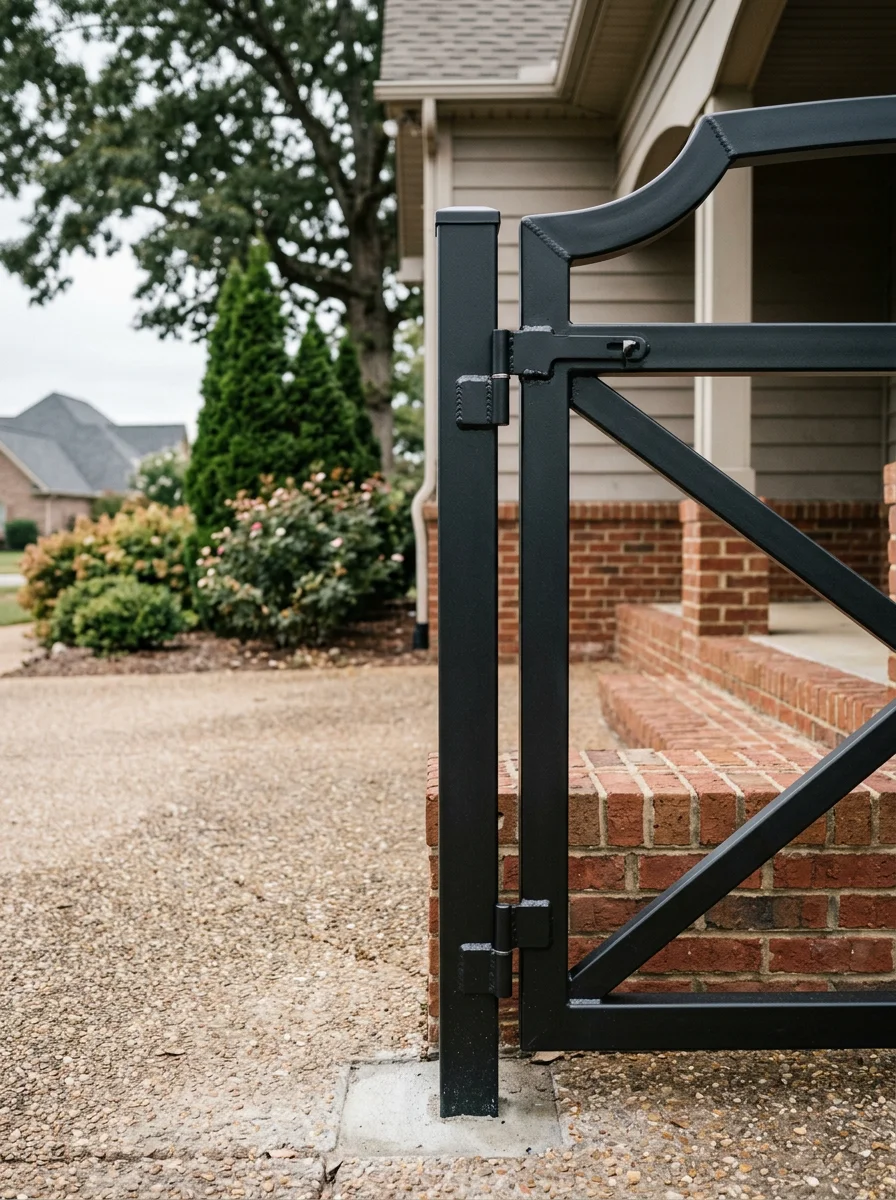 A custom-fabricated carbon steel driveway gate being installed at a residential property in Cullman, Alabama, showing clean MIG welds on square tubing and a flat black finish.