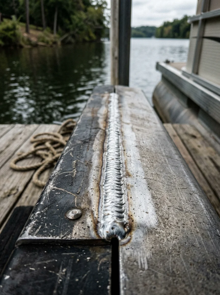 Close-up of a completed aluminum weld on a pontoon boat transom at a Cullman County, Alabama dock, showing a clean, finished bead on the aluminum hull plate.
