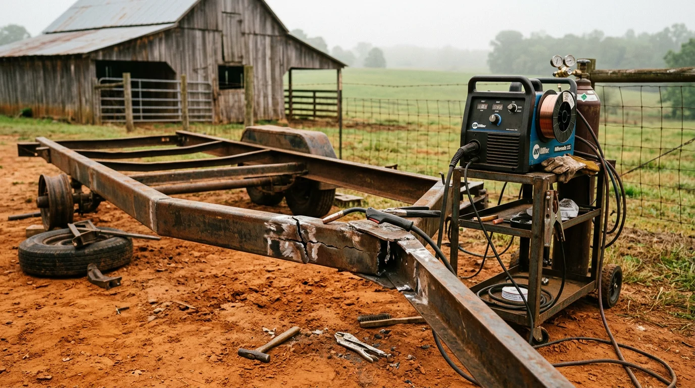 A mobile welder repairing a cracked carbon steel trailer frame on a rural farm property in Eva, Alabama, with open fields and a wooden barn visible in the background.