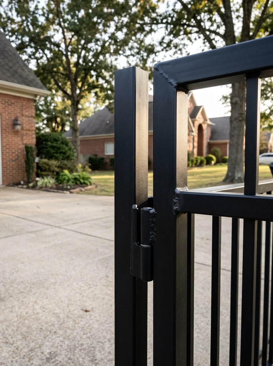 A custom-fabricated steel driveway gate being fitted at a residential property in a Huntsville, Alabama suburb, showing clean MIG welds on square tubing and a powder-coated black finish.