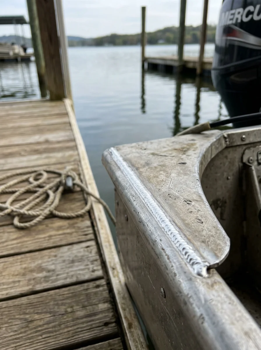 Close-up of a completed aluminum weld on a bass boat transom at a Lake Guntersville, Alabama dock, showing a clean bead on the aluminum hull plate near the outboard motor mount.
