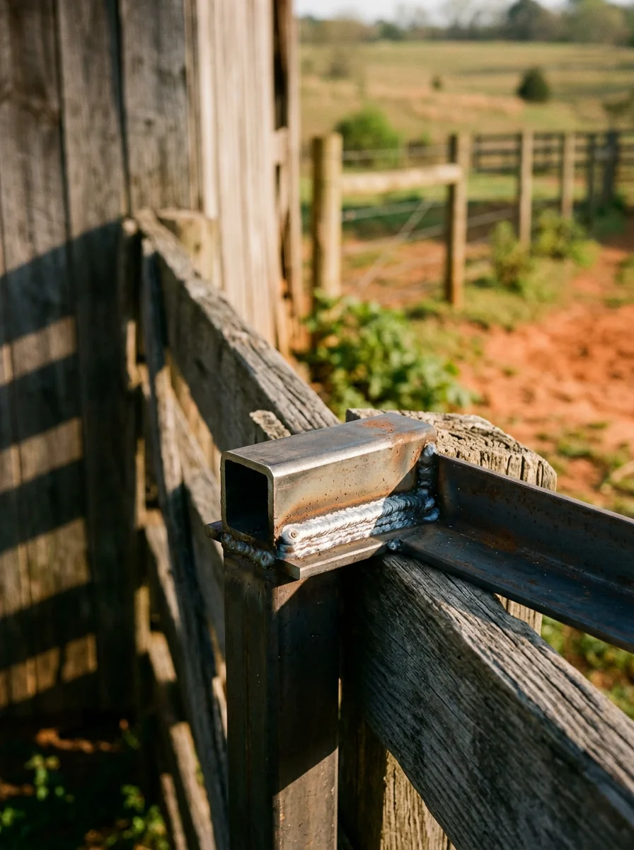 Freshly welded steel gate hardware on a rural Morgan County, Alabama farm property, showing a repaired hinge plate and new weld bead on heavy square tubing.