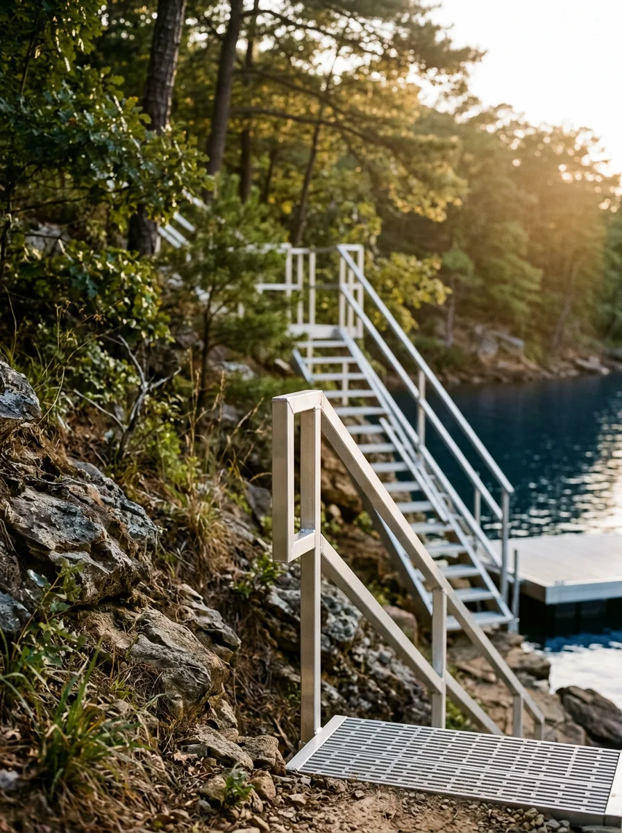 Custom aluminum dock stairs and handrail fabrication on a steep Smith Lake, Alabama lakefront property, showing clean welds on aluminum square tubing fitted to a rocky hillside lot.