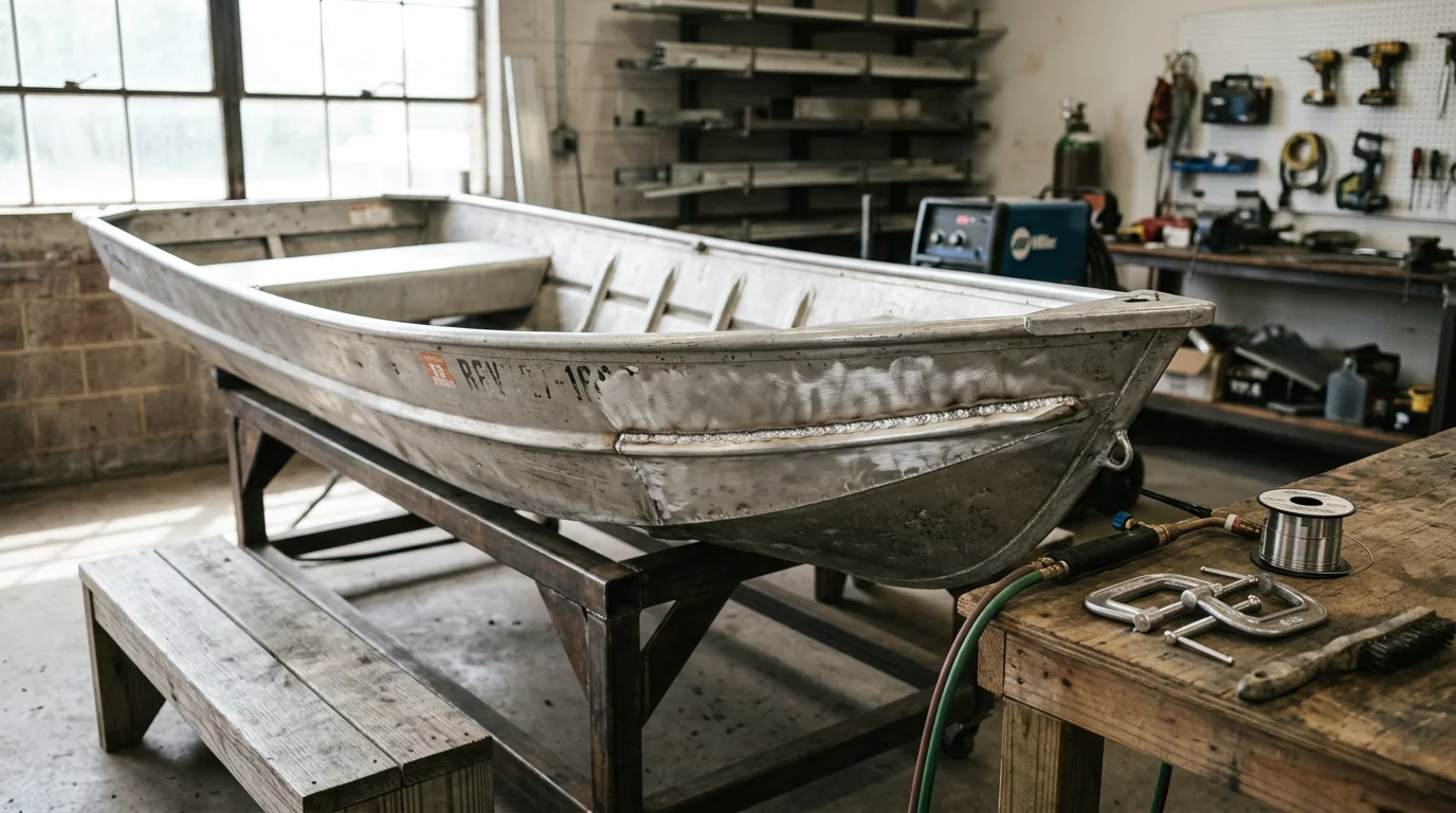 A welded aluminum boat hull showing a clean, finished repair on a jon boat in a North Alabama workshop setting. The repaired seam runs along the lower hull panel, with the surrounding aluminum surface clean and free of oxidation.