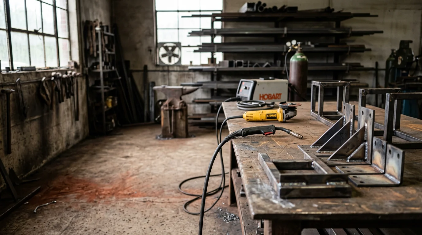A finished custom-fabricated steel bracket and frame assembly welded for a rural property in Morgan County, Alabama. The piece shows clean welds and precise fit against a farm structure exterior.