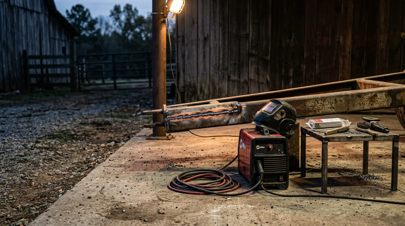 A welder from Kingdom Arc Welding performing an emergency on-site repair on a metal frame at a rural North Alabama property after dark. The work area is lit by the welder's equipment, with a field and tree line visible in the background.