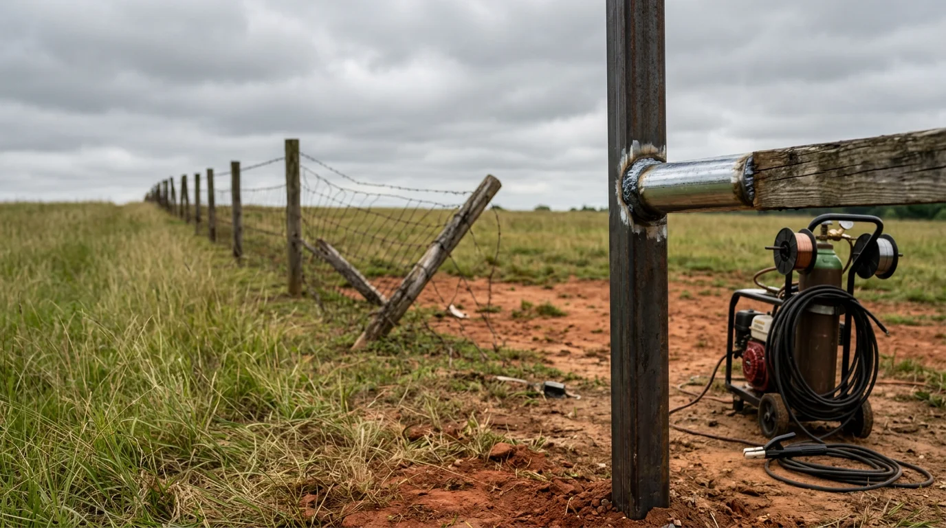 A repaired metal fence on a rural North Alabama property near Eva, Alabama, with straightened posts and solid welds along a cleared fence line. The surrounding landscape shows open pasture land typical of Morgan County.