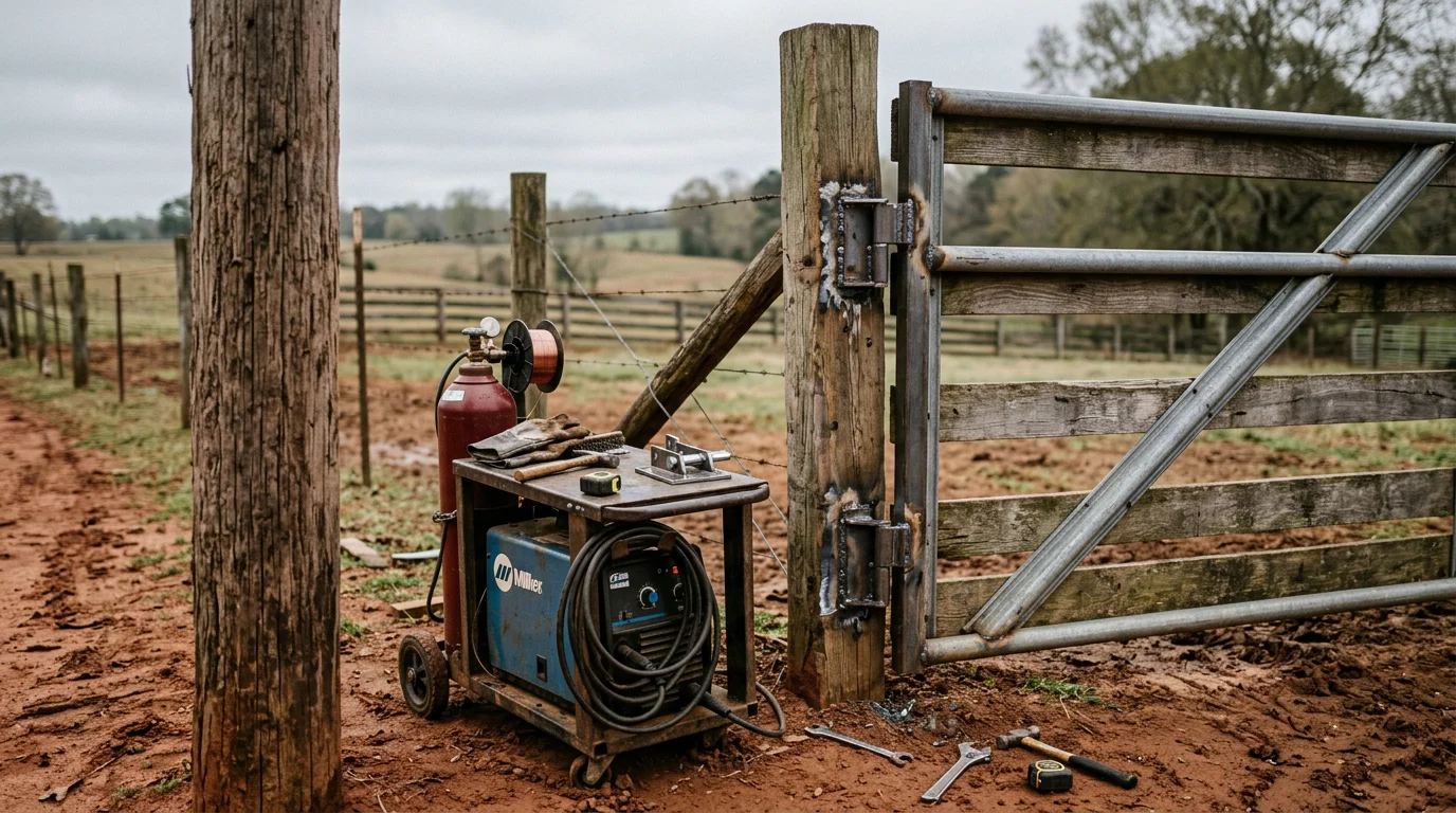 A repaired metal farm gate standing plumb and latched on a rural property in Morgan County, Alabama. The welded hinge points and frame show clean, solid metalwork against a backdrop of open pasture land.