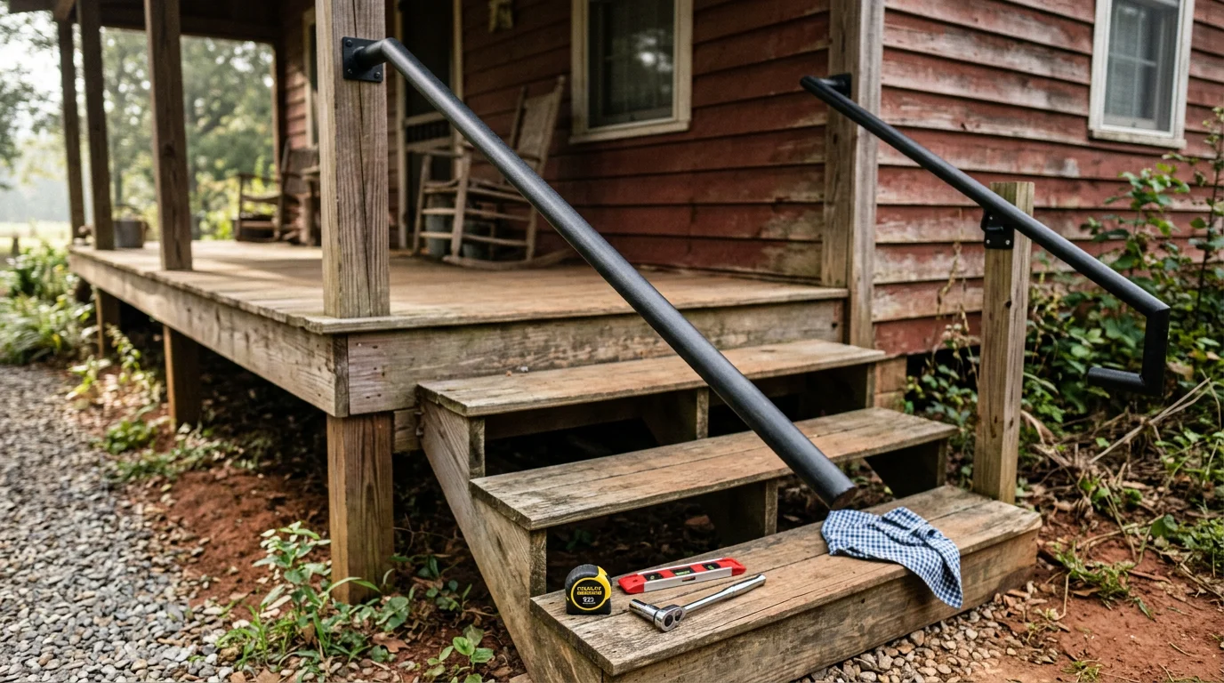 Custom welded metal handrail installed along exterior porch steps at a residential property in Eva, Alabama. The handrail runs the full length of the steps and is anchored securely at the base and top post.