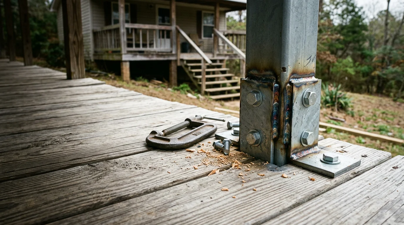 A repaired metal handrail on an exterior porch stairway at a rural home in Eva, Alabama, showing solid bracket connections and a straight, stable rail. The surrounding landscape reflects the wooded, sloped lots common across Morgan County.