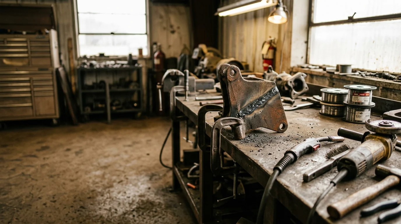 A welder repairing a cracked metal machine frame in a North Alabama shop setting near Eva, Alabama. Close-up view shows weld beads along a structural joint on heavy equipment.