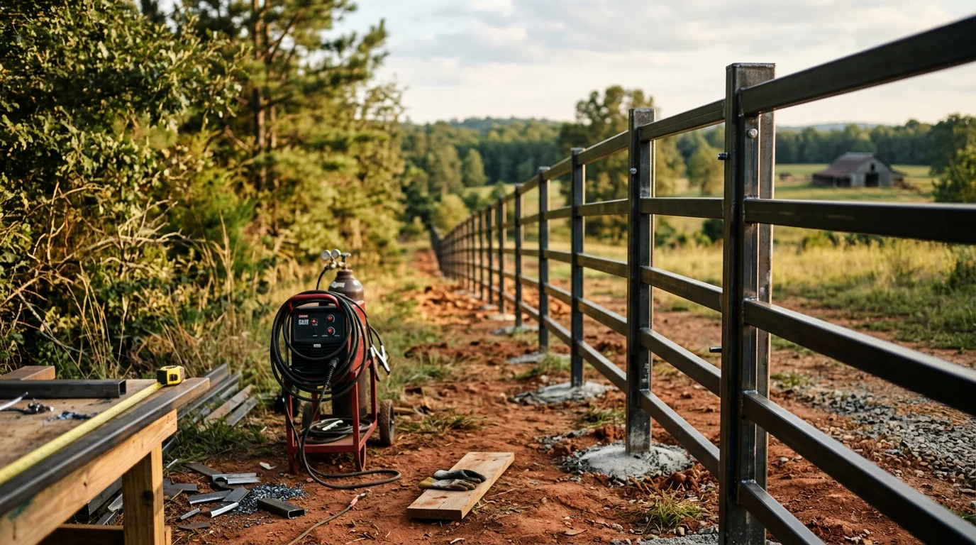 A completed metal fence installation along the perimeter of a residential property in Eva, Alabama, with welded posts set in the ground and metal panels running across gently sloped terrain. The fence provides a clear boundary between the yard and the surrounding rural landscape typical of Morgan County.