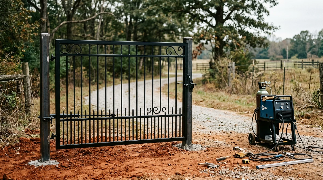A custom welded metal swing gate installed at a rural residential driveway entrance in Morgan County, Alabama. The gate is set between steel posts on a gravel drive with a tree line visible in the background.