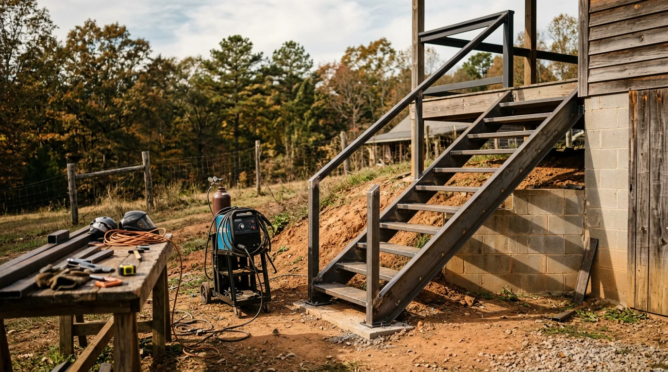 Newly installed custom metal staircase on a residential property in Eva, Alabama, showing welded steel construction and finished treads on a sloped outdoor grade. The staircase connects a ground-level entry to an elevated deck on a single-family home in Morgan County.