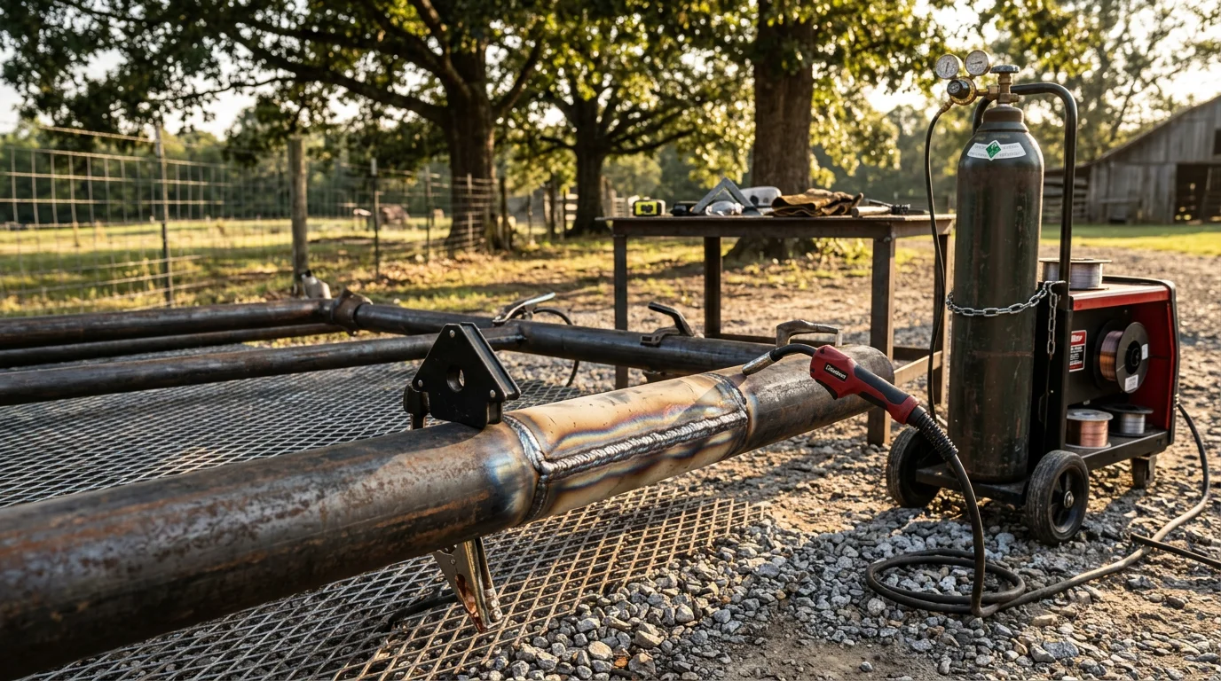 A welder working on a metal gate repair at a rural property in Eva, Alabama, with welding equipment set up on-site in an open field. Sparks visible at the weld joint on a steel farm gate frame.