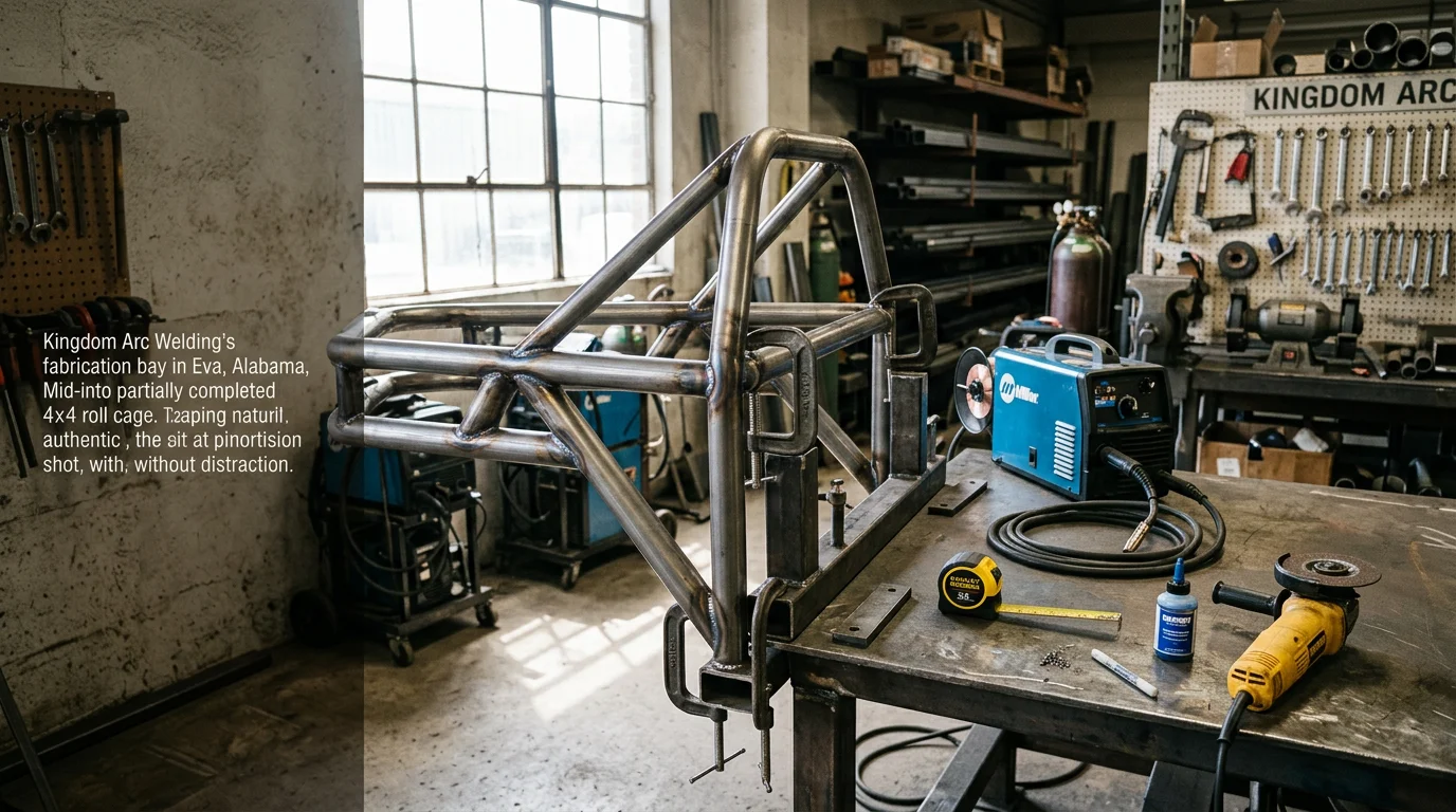 A custom-welded roll cage fitted inside an off-road vehicle at a fabrication shop in Eva, Alabama. The cage tubing runs along the roofline, door bars, and rear corners of the cabin interior.