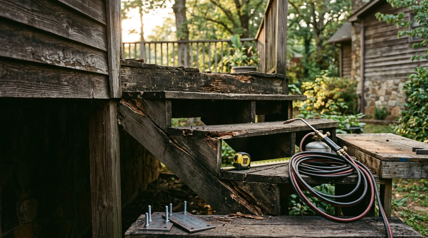 Repaired metal and wood stairs on a residential property in Eva, Alabama, showing solid treads and secure structural connections. Close-up view of restored stair components on a North Alabama home exterior.