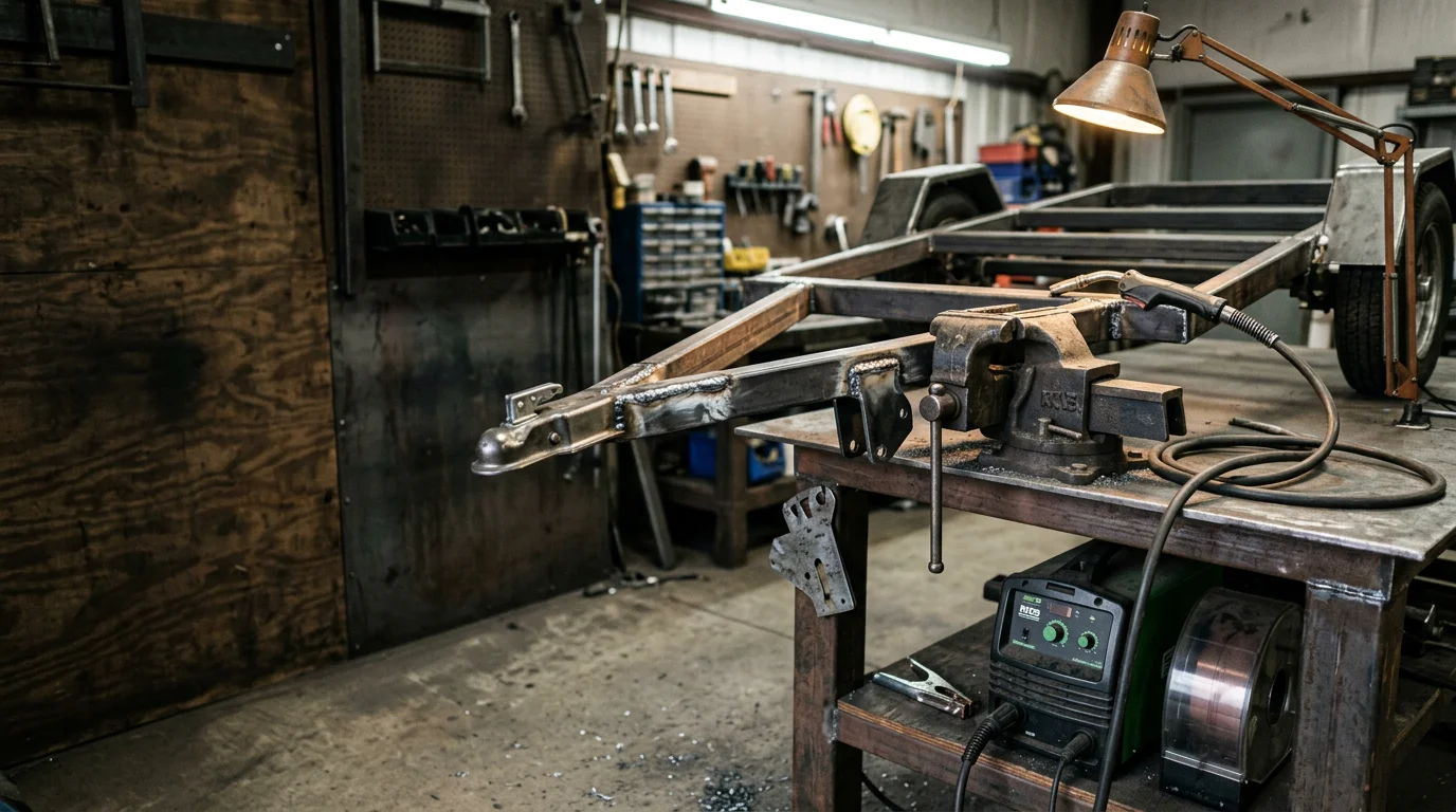 A steel trailer frame being welded at a repair shop in Eva, Alabama, with visible arc welding work on a cracked cross-member. The repaired trailer sits on a gravel work area typical of rural Morgan County properties.
