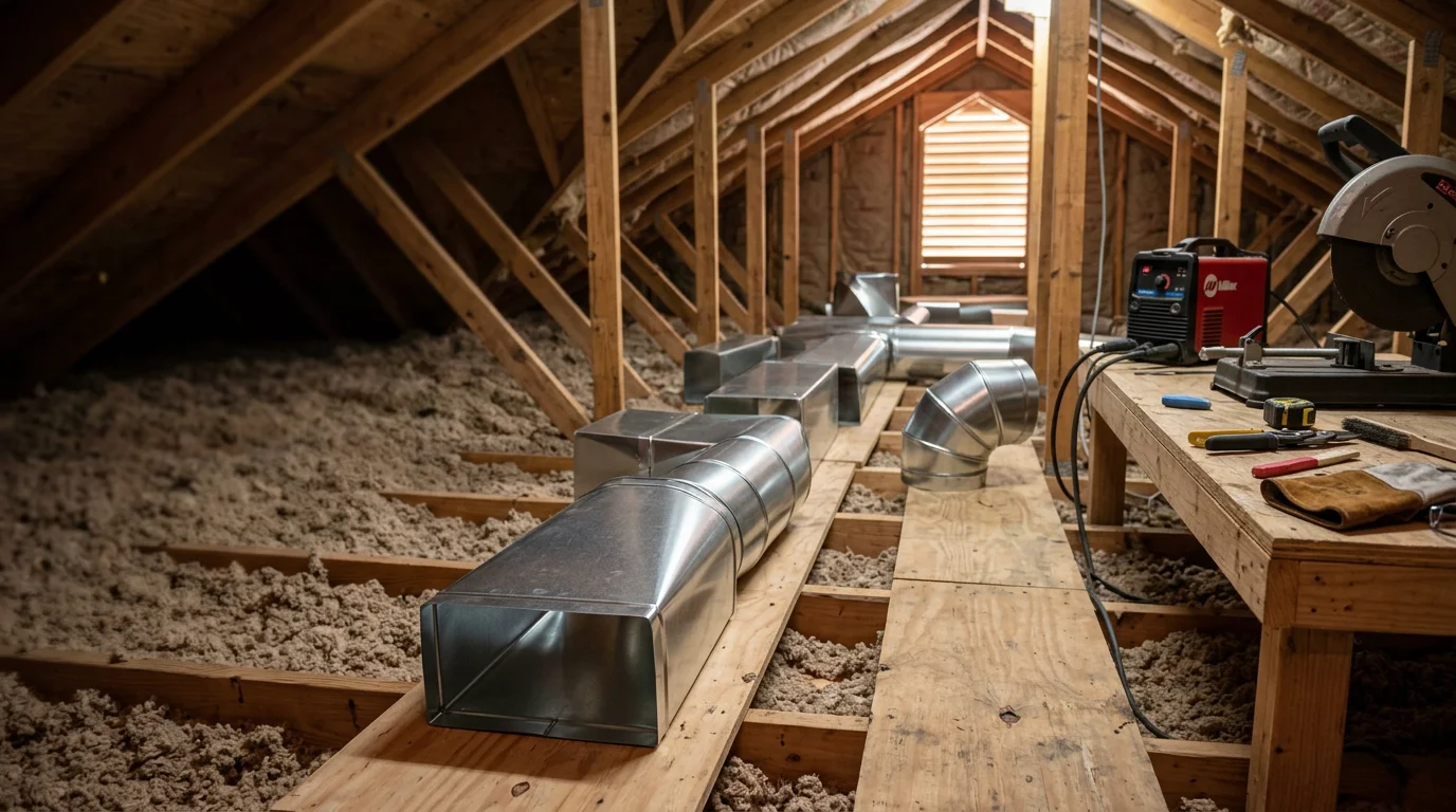 Custom fabricated metal duct sections and fittings laid out in a residential workspace in Eva, Alabama, showing precisely cut elbows and straight runs ready for installation. A fabricator inspects a completed duct transition piece typical of ventilation work done across Morgan and Cullman Counties.